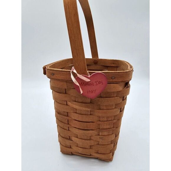 Longaberger Mothers Day 1987 Basket Handwoven Wood With Pink Heart Tag - Picture 2 of 3